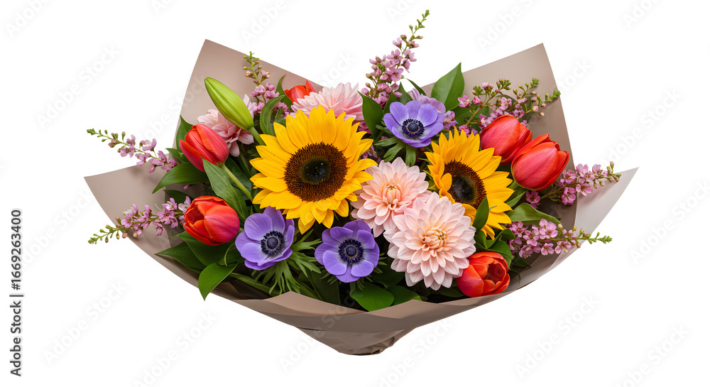 Obraz premium Bright bouquet with sunflowers, tulips, dahlias, anemones and mixed greenery wrapped in brown paper, perfect for celebrations and gifts