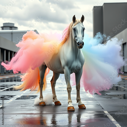 White horse surrounded by surreal rainbow cloud in urban setting 