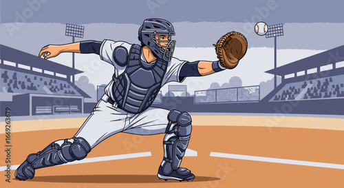 Illustration of a baseball catcher in full gear ready to catch the ball at home plate in a stadium.