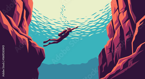 Scuba diver ascending through a deep sea canyon with a school of fish swimming above.