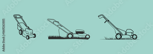 Three Lawn Mowers Depicted in Silhouette on a Light Blue Background.