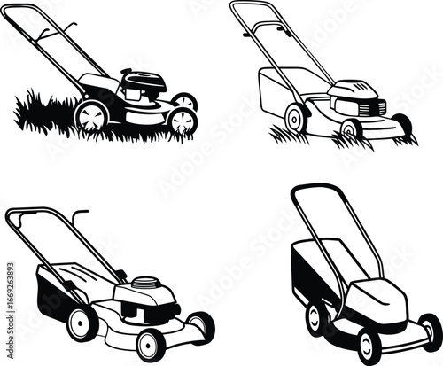 Four vector Silhouette of different styles of lawn mowers in black and white.