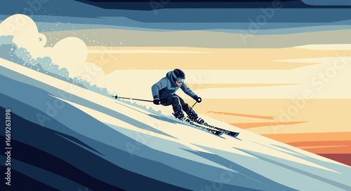 Stylized illustration of a person skiing down a snowy mountain slope during a colorful sunset.