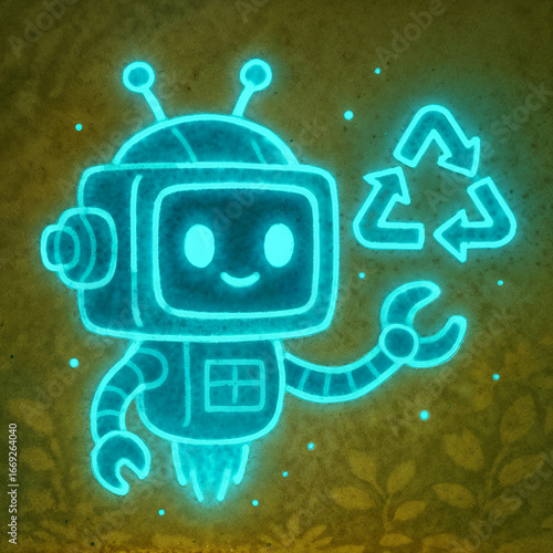 Glowing recyclobot projects eco tips near green items—tech magic meets zero waste sidekick style.