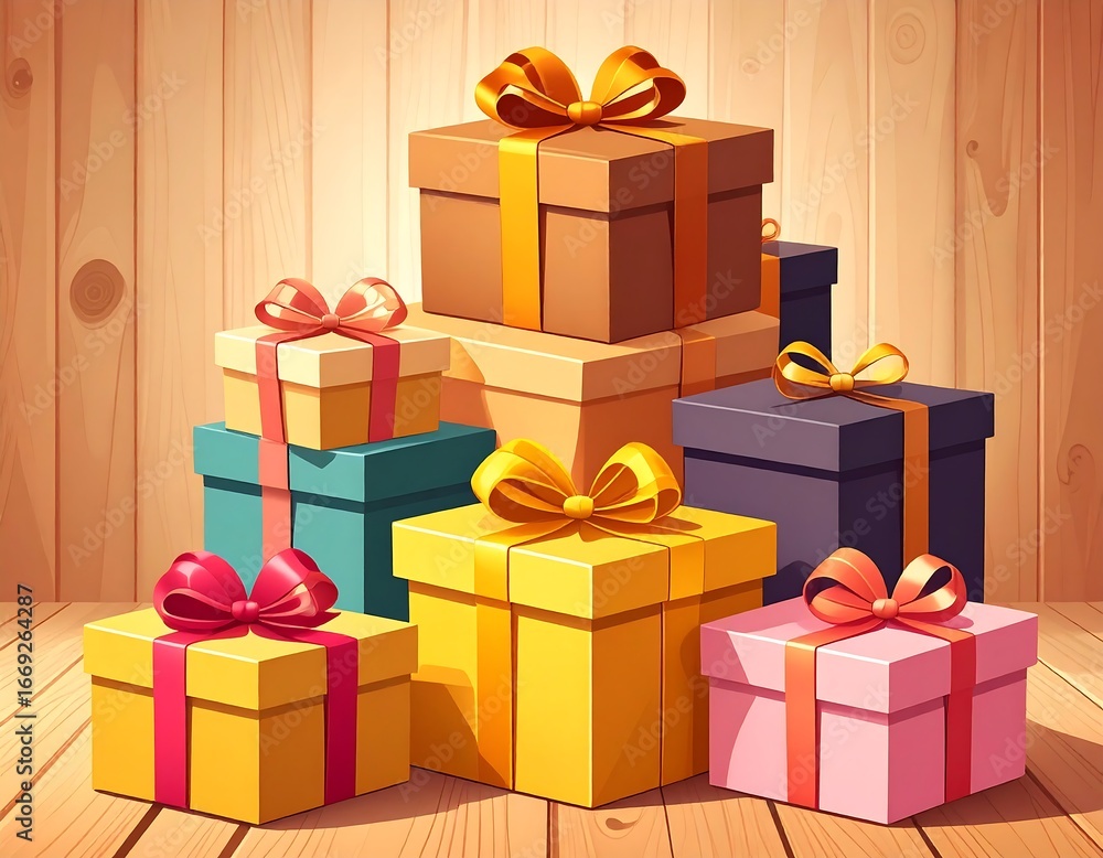 Fototapeta premium Colorful gift boxes stacked high on a wooden surface, decorated with ribbons and bows.