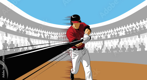 Vector illustration of a baseball player in a red jersey swinging a bat in a crowded stadium.