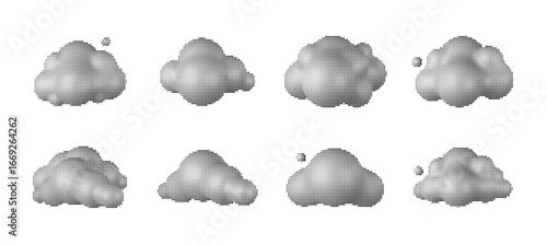 Set of halftone cloud vector illustrations. Abstract dotted clouds with retro pop art style on white background. Minimal modern design elements for poster, cover, background, or digital artwork.
