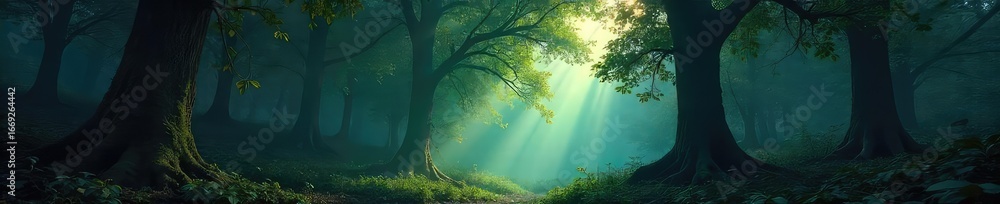 Fototapeta premium Eerie Twilight Shadows in an Ancient Forest Mysterious Sunlight Filters Through Dense Canopy, Creating a Quiet, Atmospheric Scene of Deep Woods Mystery