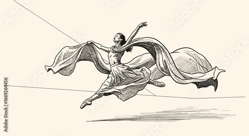 An elegant line art illustration of a female dancer leaping with billowing fabric, expressing freedom and grace.