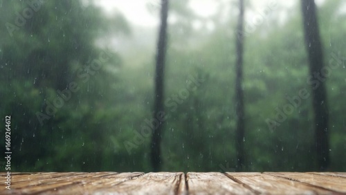 Serene CloseUp of Raindrops on Weathered Wood Surface in Forest Setting with Blurred Background