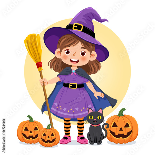 Smiling girl in purple witch costume holding broom, standing with black cat and three jack-o’-lanterns