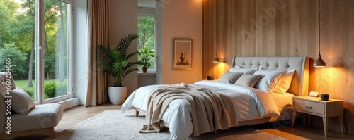 Serene bedroom sanctuary, promoting relaxation and healthy sleep Soft lighting, calming colors, and comfortable textiles create a peaceful atmosphere for optimal wellbeing , yoga, meditation, soft