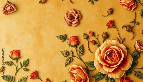 Faded floral Renaissance wallpaper, textured, vintage, grainy surface,  shabby chic,  leaf