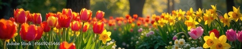 Vibrant spring blossoms in a lush garden bursting with color A profusion of tulips, daffodils, and other spring flowers create a breathtaking display of nature's artistry , botany, nature, floral