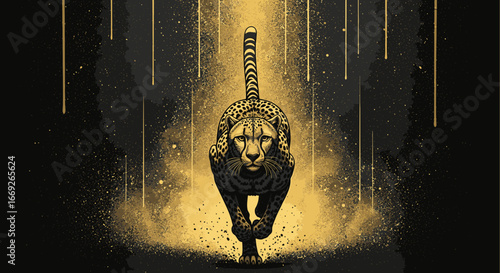 A majestic cheetah runs forward in a powerful, stylized illustration with a dramatic black and gold color scheme.
