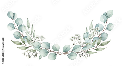 Delicate watercolor eucalyptus and floral arrangement featuring soft pastel hues for wedding invitations, greeting cards, and elegant botanical designs