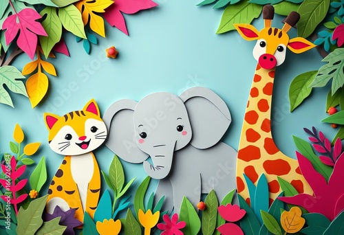 Paper cut elephant, cat, giraffe in vibrant jungle; playful, cheerful expressions,  animal friends,  vibrant colors