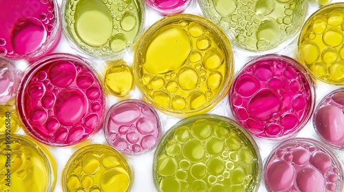 A close-up macro shot of a colored circular glass plate with oil and blisters on a pastel background, and a colored petri dish with liquid inside.