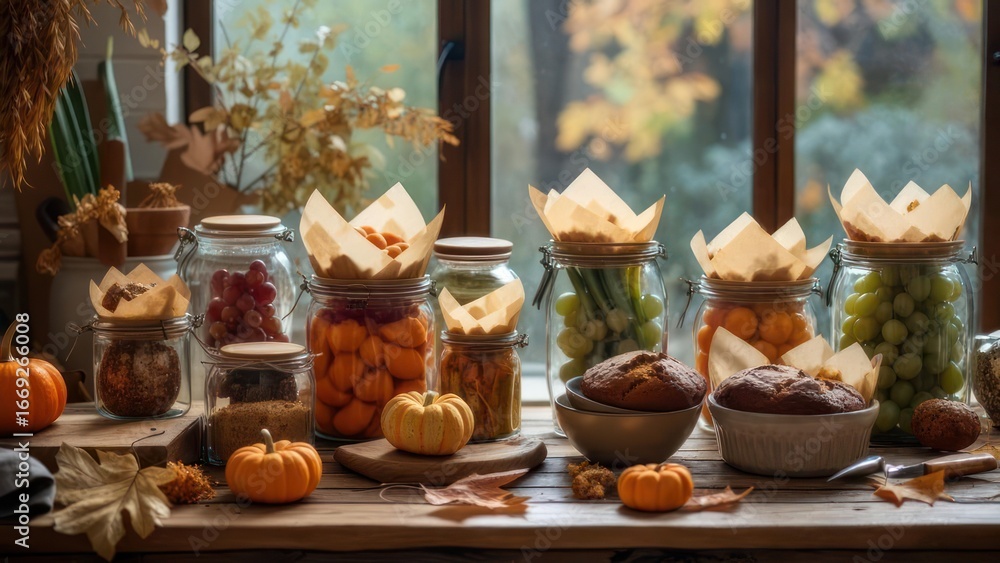 Fototapeta premium Abundant Autumn Harvest Preserved in Glass Jars with Rustic Breads and Gourds