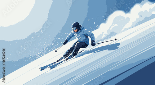 An artistic illustration of a skier in a blue jacket gliding down a snowy mountain slope.