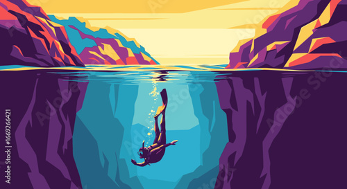 Stylized vector art of a scuba diver exploring a deep, dark underwater canyon between vibrant, colorful cliffs at sunset.