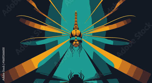 A modern, symmetrical graphic illustration of a golden dragonfly with outstretched wings against a dark teal background.