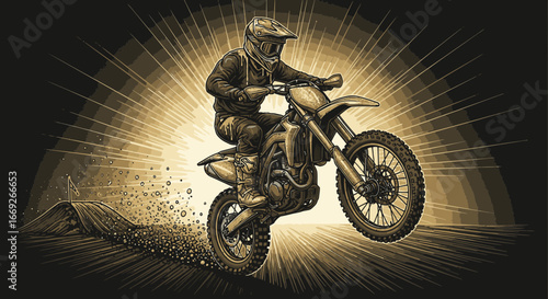 Dynamic illustration of a motocross racer in mid-air, kicking up dirt with a dramatic sunburst background.