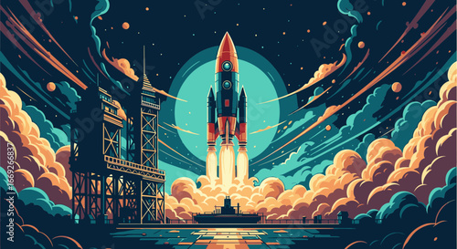 A stylized illustration of a powerful rocket launching into a starry night sky from a launchpad, surrounded by billowing clouds of smoke.