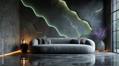 Futuristic modern sofa with glowing neon wall high resolution Wallpaper