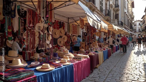 Street vendors are selling hats, jewelry, and textiles at their stalls in a cobblestone street, creating a vibrant and bustling market atmosphere