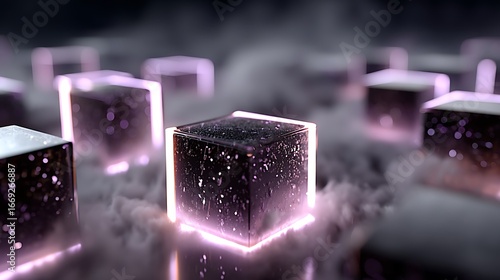 Futuristic neon cubes in dark fog high resolution Wallpaper