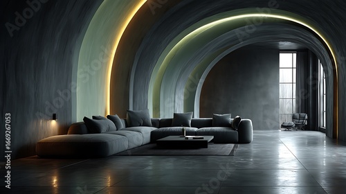 Futuristic interior with glowing arcs and cozy sofa high resolution image