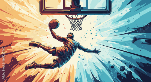 An energetic, stylized illustration of a basketball player in mid-air, soaring towards the hoop for a slam dunk.