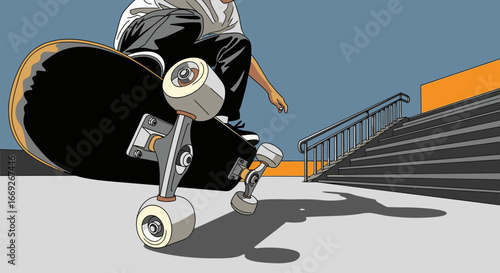 Low-angle illustration of a skateboarder preparing for a trick on a concrete plaza with stairs in the background.