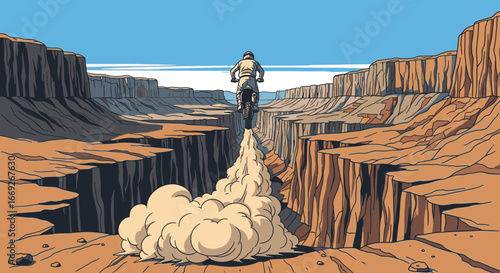 A motocross rider in full gear makes a daring jump across a vast, rocky desert canyon in a stylized illustration.