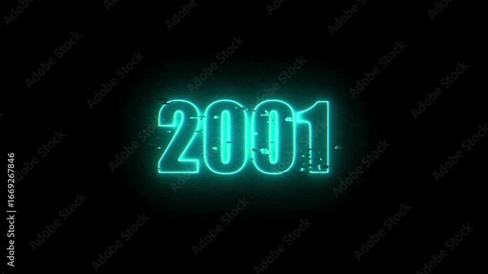 2001 Neon Sign, Vibrant Blue Glow Against Dark Jahreswechsel, Schrift mit Neonschein 4k video Background animation