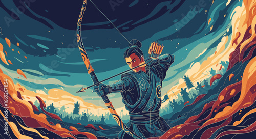 An epic illustration of a skilled archer aiming a bow and arrow amidst swirling flames and a dramatic, dark sky.