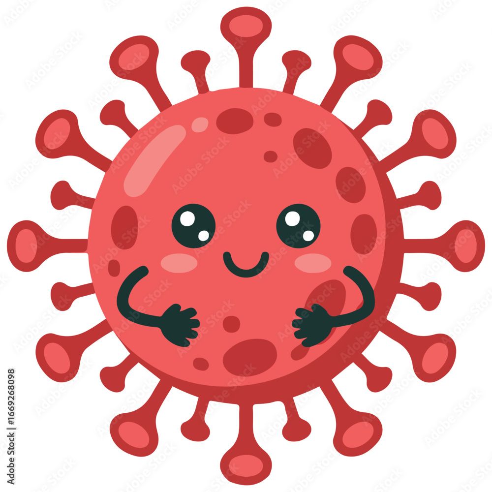 Obraz premium Red virus character with cute face flat cartoon vector illustration on white background