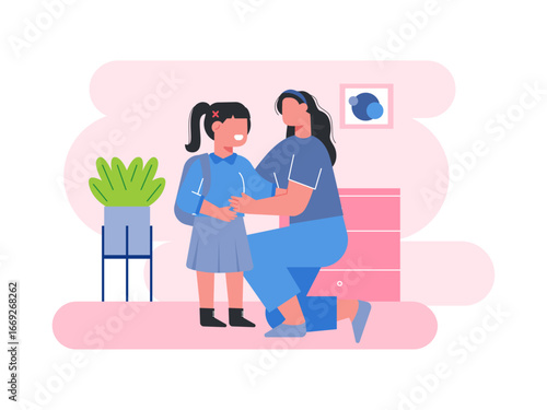 Little girl wants to go to school in the morning. Mother illustrations. Flat vector illustration.	
