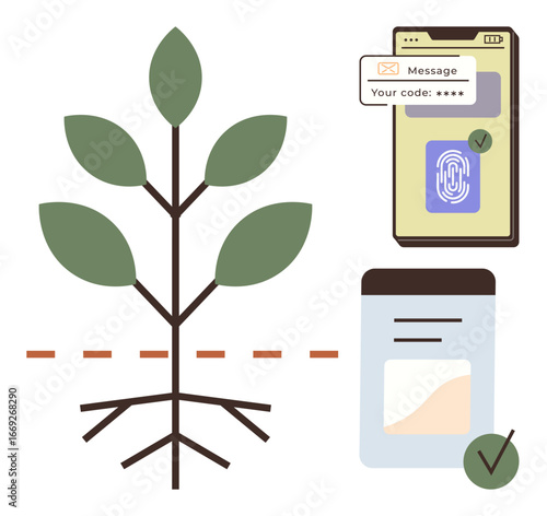 Tree with roots alongside phone displaying biometric verification and secured code input. Ideal for growth, security, authentication, technology, trust, verification, development. Simple flat