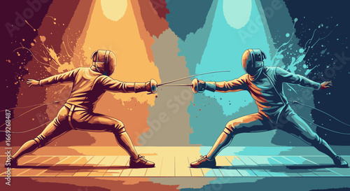 Dynamic illustration of two fencers in a duel, set against a vibrant, split-color background of orange and blue.