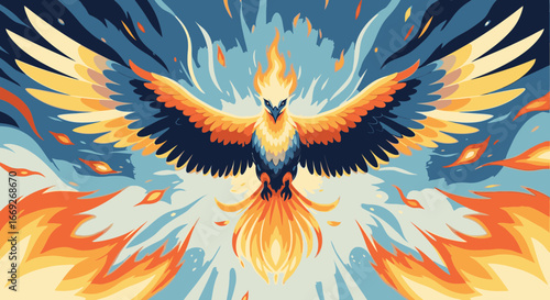 A majestic phoenix rising from flames with wings outstretched in a vibrant, stylized illustration.