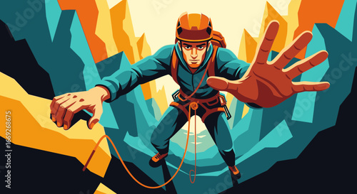 Stylized illustration of a man rock climbing in a colorful canyon, reaching out his hand.