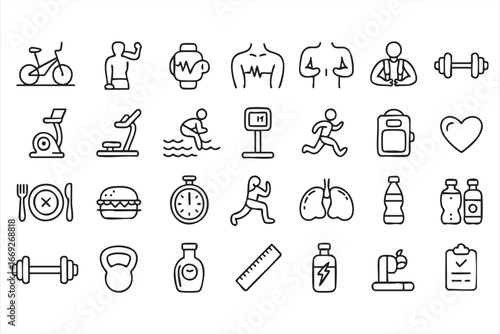Vector Outline Icons of Gym, Nutrition, and Hydration Tools
