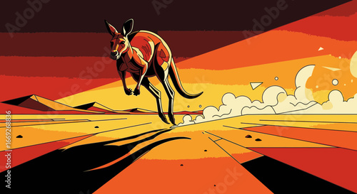 A dynamic, stylized illustration of a kangaroo leaping across a vast, sun-drenched Australian outback landscape.