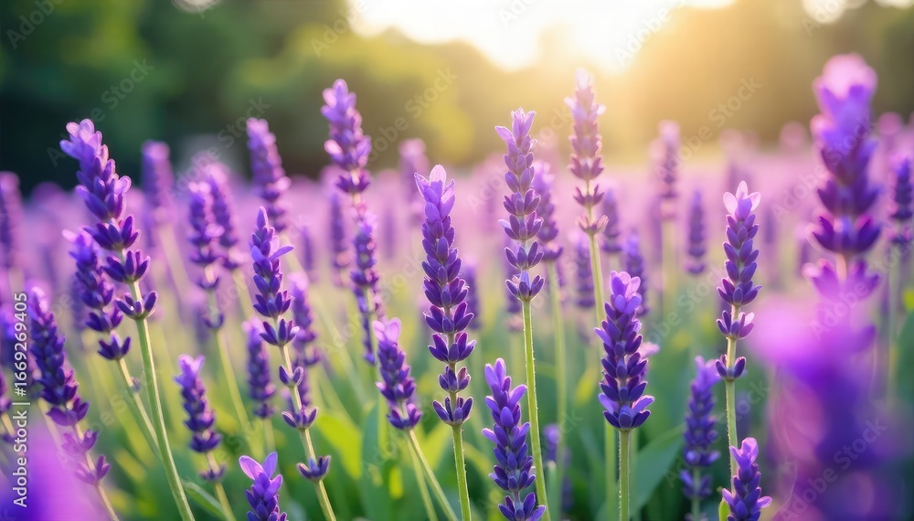 Obraz premium A breathtaking field of vibrant purple lavender flowers swaying gently in the summer breeze The image captures the essence of serenity and natural beauty , relaxation, violet