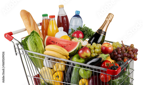 Shopping Cart Filled with Groceries and Drinks