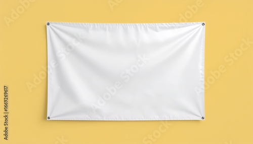 White vinyl banner mockup hanging on a yellow wall background  