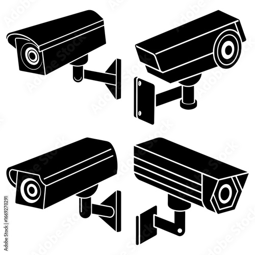 Four surveillance cameras in black and white showing different angles and mounting styles for security