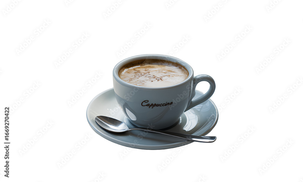 Naklejka premium Steaming Coffee Cup and Saucer, Illuminated by Natural Light